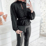 Stripes Keyhole Front Mesh Blouse