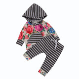 2pcs Newborn Baby Girls Clothes Sets Hooded T-shirt Tops Long Sleeve Hooded Striped Flower Pants Outfits Set Clothing