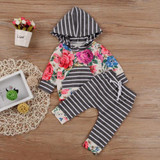 2pcs Newborn Baby Girls Clothes Sets Hooded T-shirt Tops Long Sleeve Hooded Striped Flower Pants Outfits Set Clothing