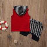 2pcs Baby Set Summer Baby Boy Clothes Summer Sleeveless Hooded Cotton T-shirt+Striped Pants 2pcs Outfit Baby Clothes