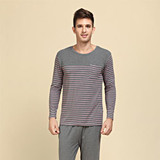 Qianxiu Pajamas Modal&amp;Cotton Women and Men Sleepwear Classic Stripe Lounge Wear Long-sleeve Lovers Pajamas Set
