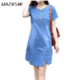 QAZXSW Spring Summer Denim Dress For Women 2018 Harajuku Jeans Dress With Button Slip Plus Size Sarafans Vestidos Feminino HB065