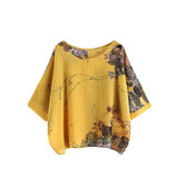 Dotfashion Yellow Casual Blouse Women Random Floral Button Back Summer Tops 2017 Beach Half Sleeve Plus Size Ladies Blouse C3401