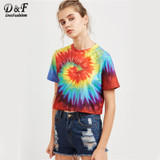 Dotfashion Tie Dye Print T-shirt Women Multicolor Casual Short Sleeve Summer Crop Tops 2017 Fashion Vintage Cute T-shirt C3403
