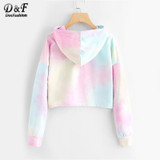 Dotfashion Tie Dye Drop Shoulder Crop Hoodie 2017 Multicolor Tie Dye Pullovers Long Sleeve Drawstring Autumn Female Sweatshirt