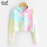 Dotfashion Tie Dye Drop Shoulder Crop Hoodie 2017 Multicolor Tie Dye Pullovers Long Sleeve Drawstring Autumn Female Sweatshirt