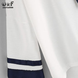 Dotfashion Striped Dip Hem Hoodie 2017 New White Long Sleeve Pullovers Top Women Autumn Seam Drawstring Casual Sweatshirt
