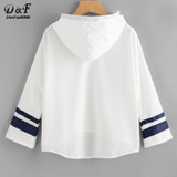 Dotfashion Striped Dip Hem Hoodie 2017 New White Long Sleeve Pullovers Top Women Autumn Seam Drawstring Casual Sweatshirt