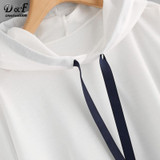 Dotfashion Striped Dip Hem Hoodie 2017 New White Long Sleeve Pullovers Top Women Autumn Seam Drawstring Casual Sweatshirt