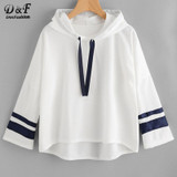 Dotfashion Striped Dip Hem Hoodie 2017 New White Long Sleeve Pullovers Top Women Autumn Seam Drawstring Casual Sweatshirt