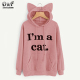 Dotfashion Slogan Print Front Cat Ear Marled Cute Top Autumn Pink Woman Hoodie Sweatshirt 2017 Long Sleeve Sweatshirt