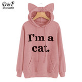 Dotfashion Slogan Print Front Cat Ear Marled Cute Top Autumn Pink Woman Hoodie Sweatshirt 2017 Long Sleeve Sweatshirt