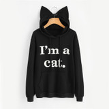Dotfashion Slogan Print Cat Ear Kawaii Hoodie Sweatshirt 2017 New Black Print Cute Pullovers Long Sleeve Casual Sweatshirt