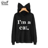 Dotfashion Slogan Print Cat Ear Kawaii Hoodie Sweatshirt 2017 New Black Print Cute Pullovers Long Sleeve Casual Sweatshirt