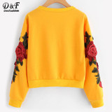Dotfashion Rose Embroidered Applique Sweatshirt 2017 Yellow Round Neck Long Sleeve Pullovers Women Autumn Sweatshirt