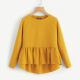 Dotfashion Raglan Sleeve Textured High Low Smock Sweatshirt Long Sleeve Round Neck Pullovers 2017 Autumn Women Yellow Sweatshirt