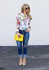 Dotfashion Multicolor V Neck Floral Print Tops Blouses Casual 2016 Shirts Women Vogue Long Sleeve Buttons Dip Hem Blouse