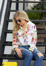 Dotfashion Multicolor V Neck Floral Print Tops Blouses Casual 2016 Shirts Women Vogue Long Sleeve Buttons Dip Hem Blouse