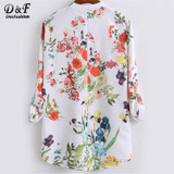 Dotfashion Multicolor V Neck Floral Print Tops Blouses Casual 2016 Shirts Women Vogue Long Sleeve Buttons Dip Hem Blouse