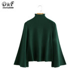 Dotfashion Mock Neck Flare Sleeve Jersey Jumper 2017 Green Turtleneck Casual Top Autumn Long Sleeve Loose Sweater