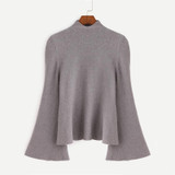 Dotfashion Mock Neck Bell Sleeve Jersey Sweater 2017 Women Turtleneck Loose Pullovers Long Sleeve Elegant Sweater