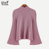 Dotfashion Mock Neck Bell Sleeve Jersey Sweater 2017 Women Turtleneck Loose Pullovers Long Sleeve Elegant Sweater