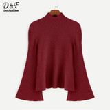 Dotfashion Mock Neck Bell Sleeve Jersey Sweater 2017 Women Turtleneck Loose Pullovers Long Sleeve Elegant Sweater