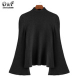Dotfashion Mock Neck Bell Sleeve Jersey Sweater 2017 Women Turtleneck Loose Pullovers Long Sleeve Elegant Sweater