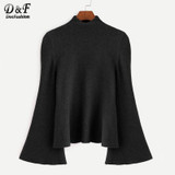 Dotfashion Mock Neck Bell Sleeve Jersey Sweater 2017 Women Turtleneck Loose Pullovers Long Sleeve Elegant Sweater
