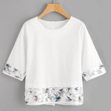 Dotfashion Mesh Paneled Button Back Blouse 2017 White Half Sleeve Print Zipper Top Summer Round Neck Tunic Casual Blouse