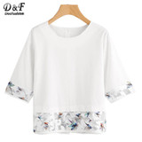Dotfashion Mesh Paneled Button Back Blouse 2017 White Half Sleeve Print Zipper Top Summer Round Neck Tunic Casual Blouse