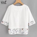 Dotfashion Mesh Paneled Button Back Blouse 2017 White Half Sleeve Print Zipper Top Summer Round Neck Tunic Casual Blouse