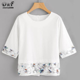 Dotfashion Mesh Paneled Button Back Blouse 2017 White Half Sleeve Print Zipper Top Summer Round Neck Tunic Casual Blouse