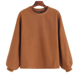 Dotfashion Lantern Sleeve Ribbed Sweatshirt 2017 Autumn Khaki Crew Neck Pullovers Women Long Sleeve Plain Sweatshirt