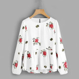 Dotfashion Flower Embroidered Smock Layered Top 2017 Ladies Round Neck Long Sleeve Button Shirt White Ruffle Autumn Blouse