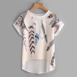 Dotfashion Floral Print Batwing Sleeve Dip Hem Blouse 2017 Summer Beige Round Neck High Low Blouse Women's Casual Tops