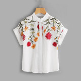 Dotfashion Floral Embroidered Roll-up Cuff Blouse Summer Band Collar Cap Sleeve Tops Casual Batwing Sleeve Button Blouse