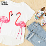 Dotfashion Flamingo Print Batwing Sleeve Dip Hem Blouse White Animal Print High Low Top Round Neck Short Sleeve Blouse
