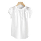 Dotfashion Eyelet Embroidered Panel Blouse 2018 White Button Band Collar Cap Sleeve Top Women Casual Petal Sleeve Blouse