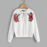 Dotfashion Embroidered Flower Patch Grommet Lace Up Sweatshirt 2017 Autumn Round Neck Pullovers White Long Sleeve Sweatshirt
