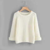 Dotfashion Cuffed Raglan Sleeve Solid Sweater White Round Neck Loose Pullovers Female 2017 Autumn Long Sleeve Sweater