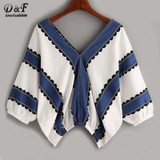 Dotfashion Contrast Print Double V Blouse 2017 Summer V Neck Half Sleeve Woman Top And Blouse Multi Color Batwing Blouse