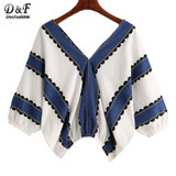 Dotfashion Contrast Print Double V Blouse 2017 Summer V Neck Half Sleeve Woman Top And Blouse Multi Color Batwing Blouse