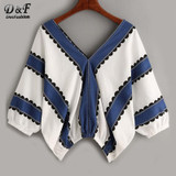 Dotfashion Contrast Print Double V Blouse 2017 Summer V Neck Half Sleeve Woman Top And Blouse Multi Color Batwing Blouse