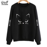 Dotfashion Cat Print Front Sweatshirt 2017 Black Round Neck Long Sleeve Pullovers Autumn Woman Cute Casual Sweatshirt