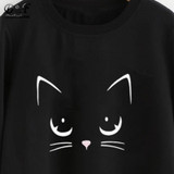 Dotfashion Cat Print Front Sweatshirt 2017 Black Round Neck Long Sleeve Pullovers Autumn Woman Cute Casual Sweatshirt