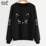 Dotfashion Cat Print Front Sweatshirt 2017 Black Round Neck Long Sleeve Pullovers Autumn Woman Cute Casual Sweatshirt