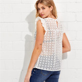 Dotfashion Buttoned Keyhole Flutter Sleeve Blouses Cap Sleeve Blouses With Ruffle Summer Eyelet Embroidered Smock Tops
