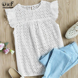 Dotfashion Buttoned Keyhole Flutter Sleeve Blouses Cap Sleeve Blouses With Ruffle Summer Eyelet Embroidered Smock Tops