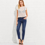 Dotfashion Buttoned Keyhole Flutter Sleeve Blouses Cap Sleeve Blouses With Ruffle Summer Eyelet Embroidered Smock Tops